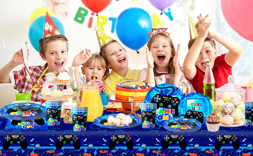 Gamer Birthday Decorations Blue, 65pcs Gaming Party Tableware Set - Game Themed Party Plate Cups Napkins Tablecloth etc