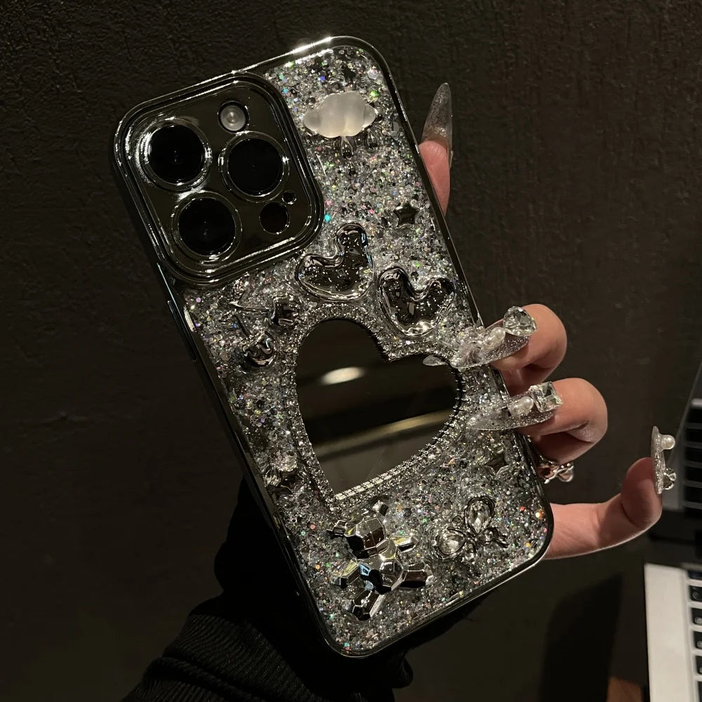 Luxury Glitter 3D Cloud Bear Phone Case For iPhone 16 15 14 13 12 Pro Max 11 Shiny Love Heart Mirror Lens Protective Back Cover