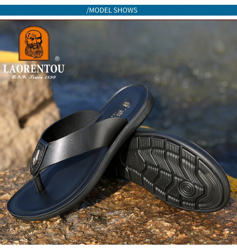 LAORENTOU slippers, men's genuine leather, Korean version, clip on flip flops, men's sandals, cowhide soft sole, anti slip