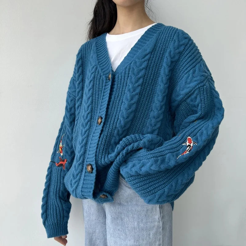 Koi Fish Women Cardigan Fashion Autumn Winter Turquoise Knitted Cardigans Mujer Koi Carp Embroidery Sweater Tops Folklore Girl