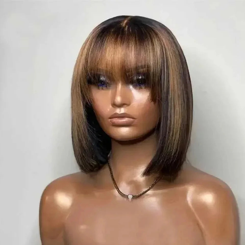 Brown Highlight Put On 100% Human Hair and Go Realistic Yaki Straight Short Bob with Bangs Minimalist Lace  Human Hair Wig