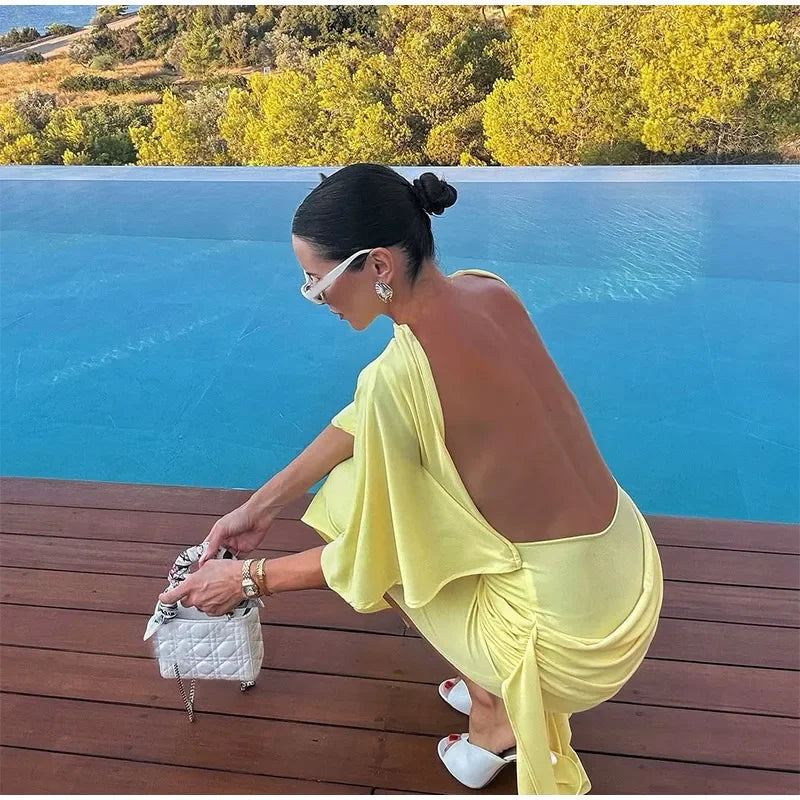 Irregular Yellow Backless Maxi Dress Women's Elegant Half Sleeve Split Slim Fit Pleated Robes 2025 Lady Evening Party Gowns New