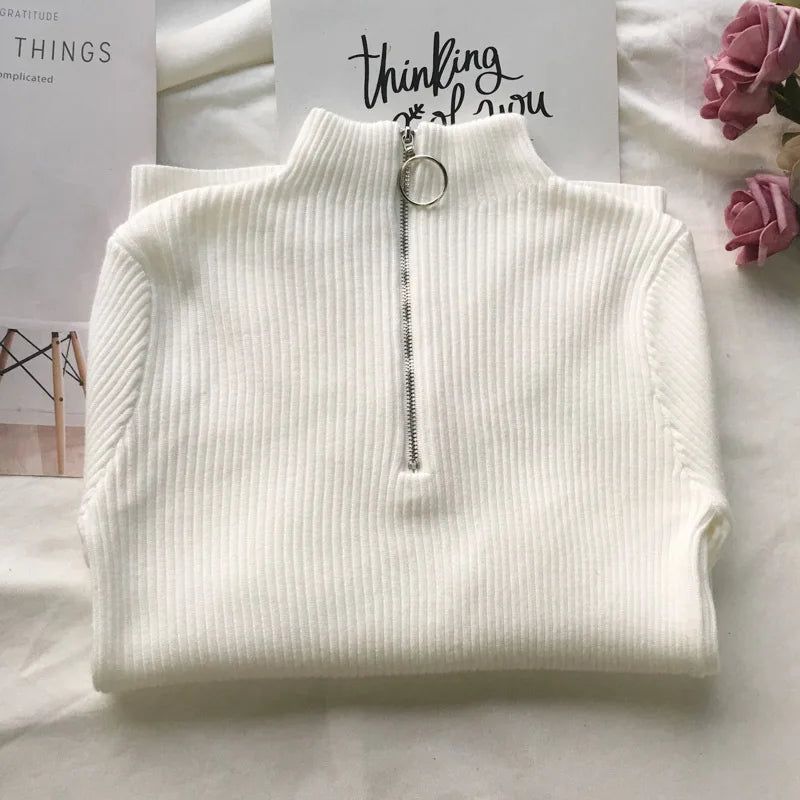 Autumn Winter Turtleneck Women Sweater Long Sleeve Zipper Neckline Knitted Pullover Female Sweater Slim Basic Knitted Jumpers