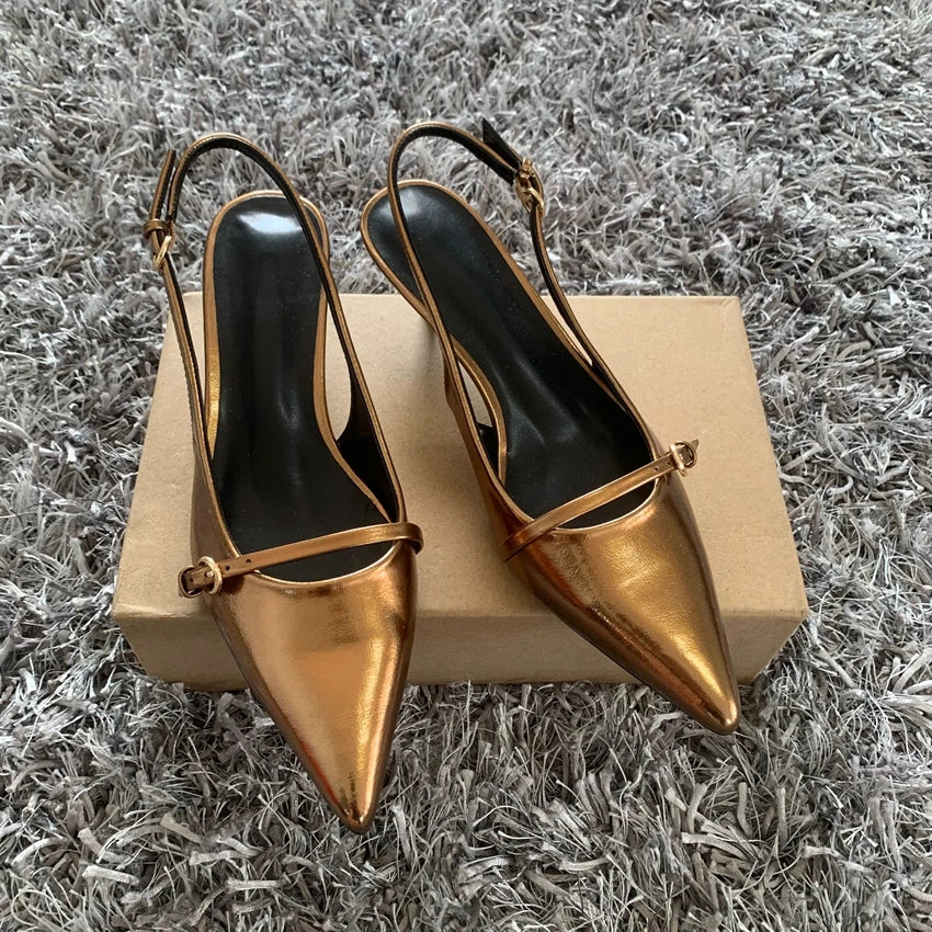 Pointed Toe Buckle Strap Ladies Sandals Gold Shallow Fashion Sexy Party Slingbacks 2025 Summer High Heeled Shoes Woman