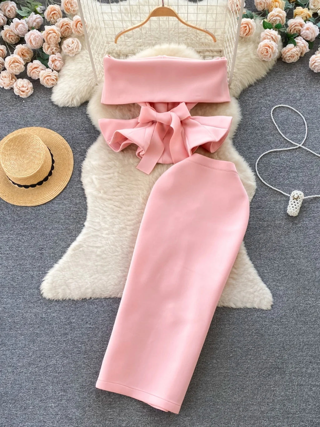 Sexy One-oulder Banded Waist Gown Set with Pleated Skirt Two-Piece Ensemble Courtly Sle Versatile Top f-length A-Line ...