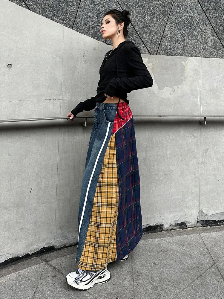 [EAM] High Elastic Waist Blue Back Plaid Denim Long A-line Half-body Skirt Women Fashion Tide New Spring Autumn 2025 1DH8117