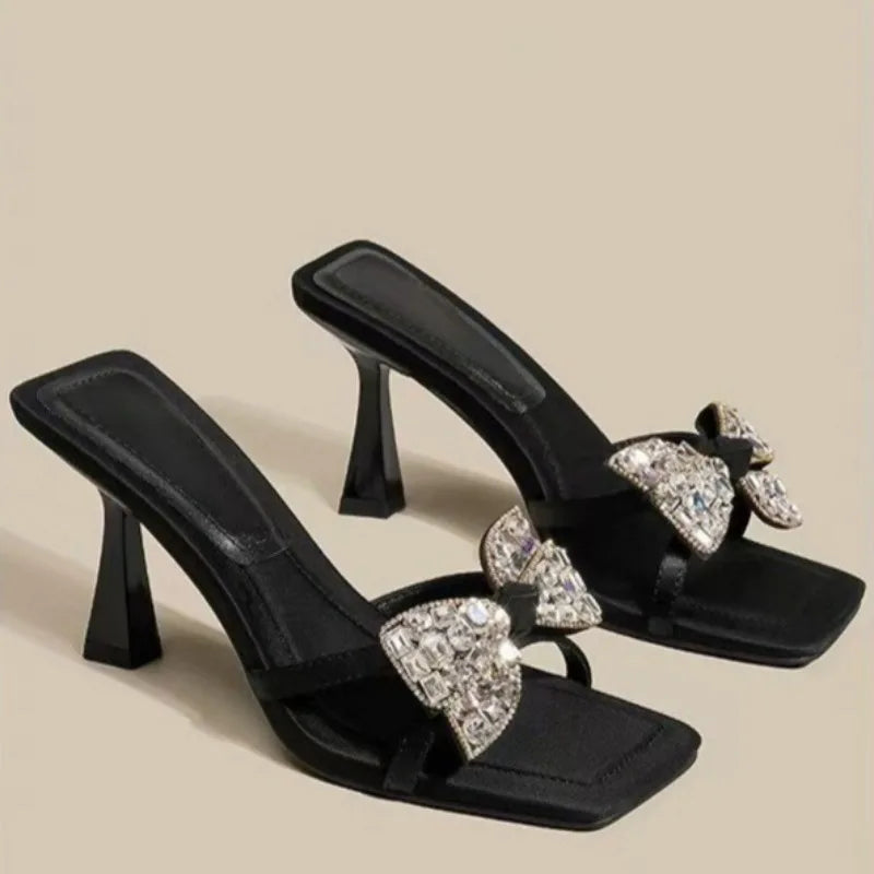 Summer New Stiletto Sandals Square Head Open Toe Sequin Butterfly Knot Thin Strap Anti-slip Wear-resistant High-heeled Slippers