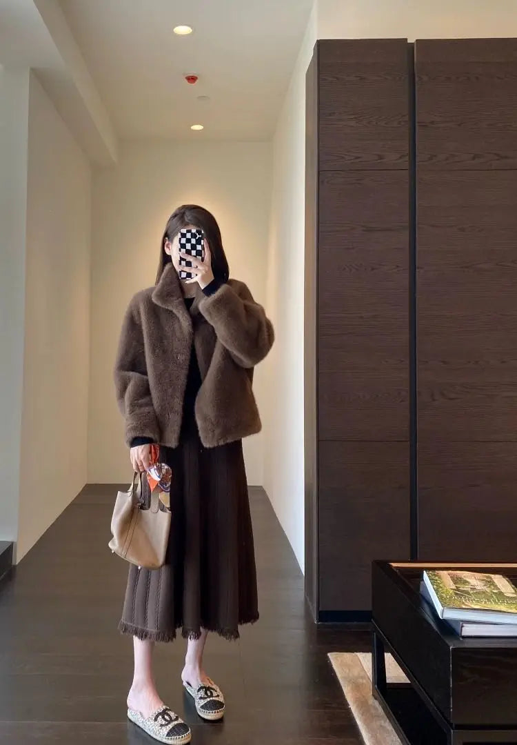 Spring Autumn Lady Short Leather Fur Outwear 2024 Women Fashion Stand Collar Mink Fur Top Female Long Sleeves Fox Jacket