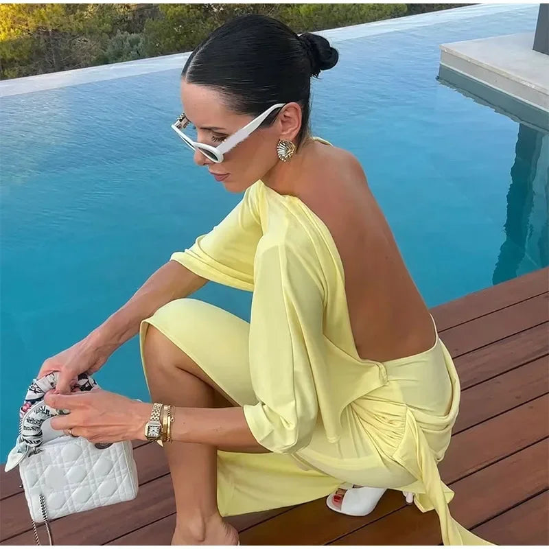 Irregular Yellow Backless Maxi Dress Women's Elegant Half Sleeve Split Slim Fit Pleated Robes 2025 Lady Evening Party Gowns New