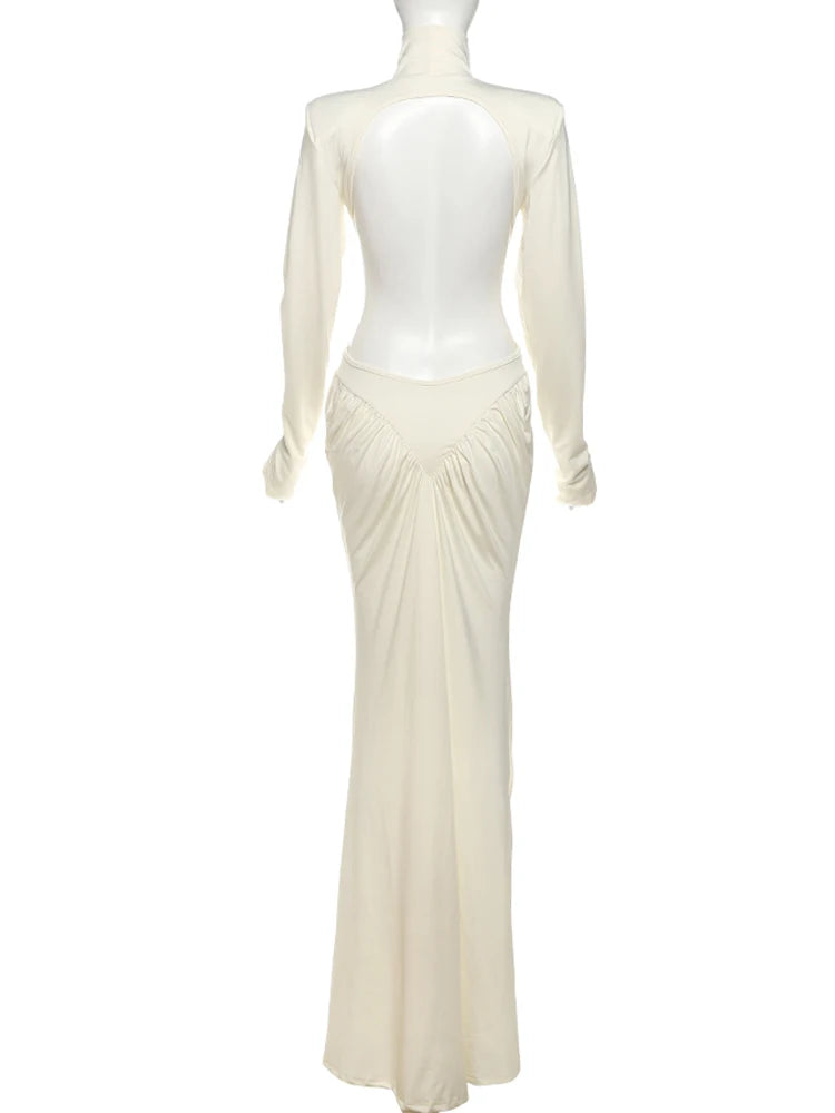 Cutenew High Street Women Maxi Dress Classic Sexy Backless Straight Shoulder Full Sleeve Ruched Bodycon Mujer Evening Vestidos