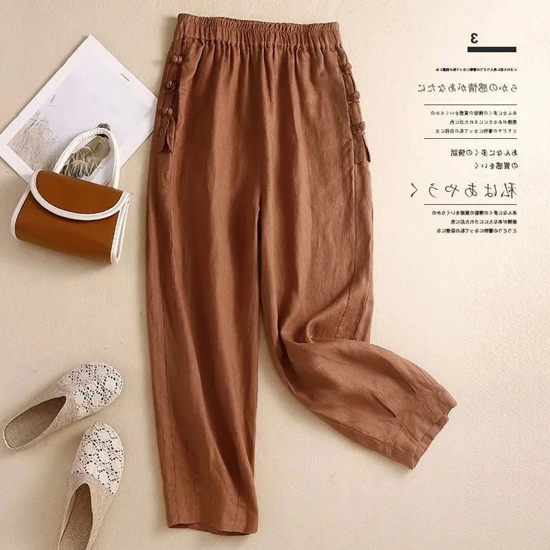 Japan Style Cotton Harem Pants Female Retro Buttons Casual Loose Ankle-Length Trousers for Women Pantalones Mujer