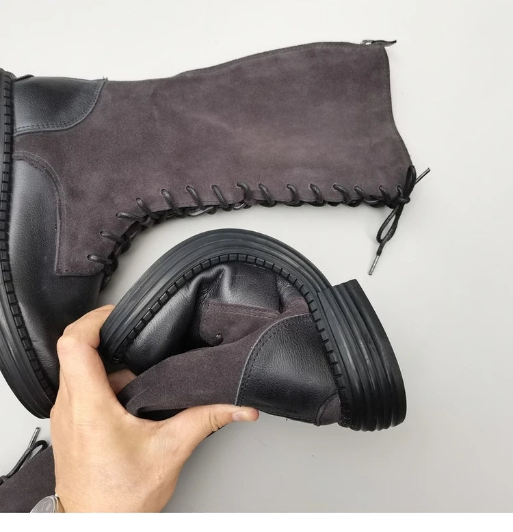 Autumn 2024 Shoes Long Noses Riding Boots Natural Leather Wide Toe Women's Boots Kne-High Cowhide Suede Single Lace-up booties