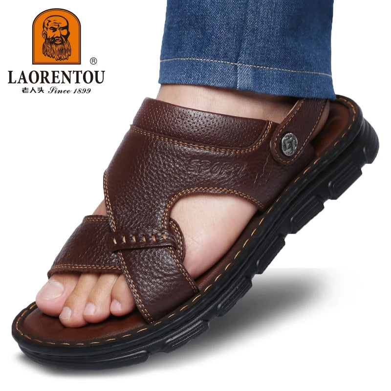 LAORENTOU cowhide breathable outdoor leisure beach shoes, anti slip thick sole leather sandals for external wear