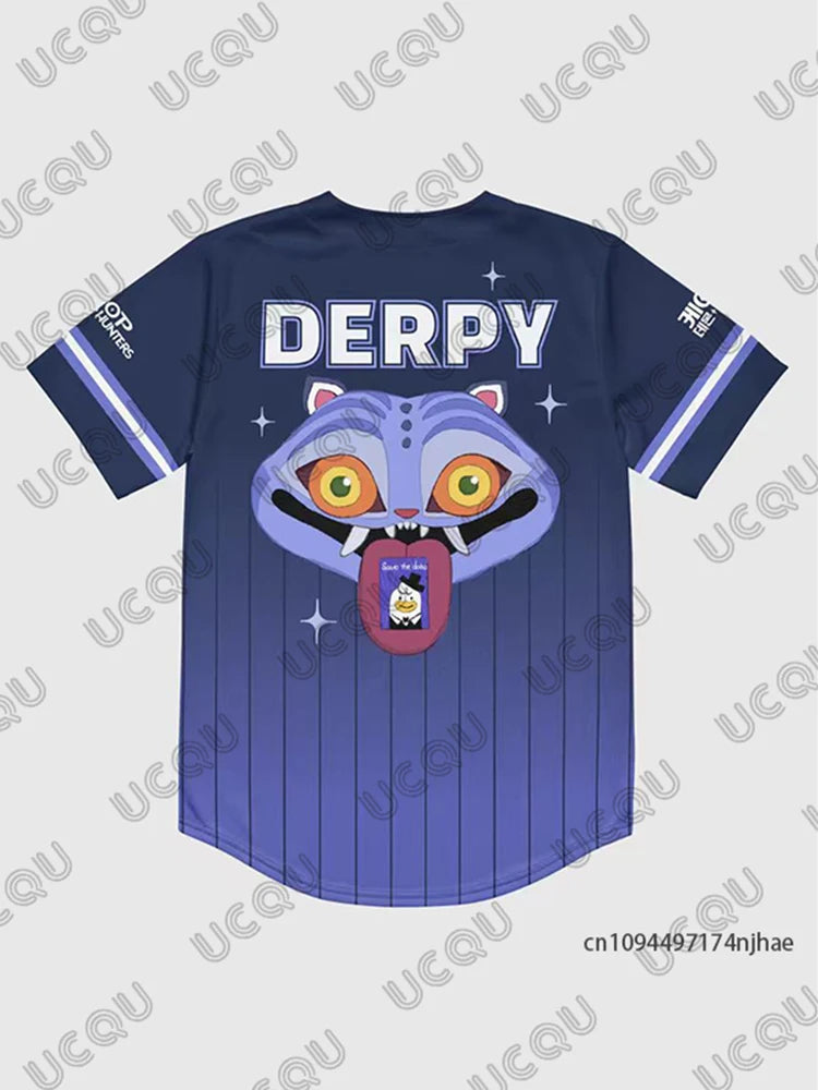 KPop Demon Hunters Derpy Tiger Baseball Jersey Couples For Women Men V-Neck Short Sleeve Shirts Casual Streetwear Button Up Tops