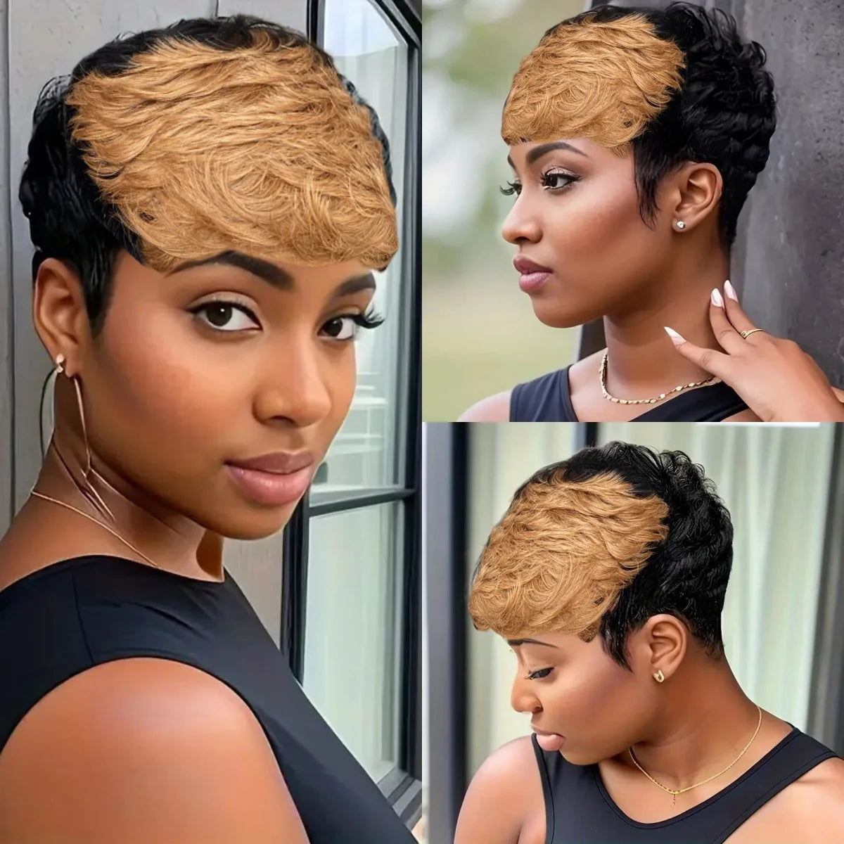 Brazilian Remy Human Hair Pixie Cut Wig Wave Full Machine Made wig Layered Wig Natural Look for Women