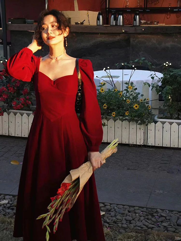 Elegant Velvet Midi Dress Women Vintage Korean Slim V Neck A Line Fairy Dress Female Autumn Long Sleeve All-Match Party Vestidos