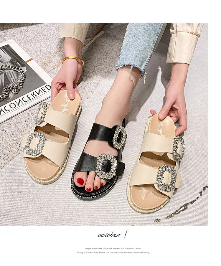 2025 Brand Rhinestone Buckle Sandals Women Double Band Slippers Crystal Shoes Ladies Casual Slides Slip On Flat Heels Flip Flops