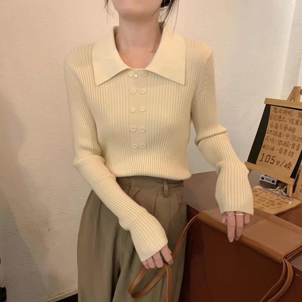 Turn-Down Collar Ribbed Pullover Sweater Women Autumn Winter Slim Long Sleeve Soft Warm Sweaters Ladies Knitted Tops