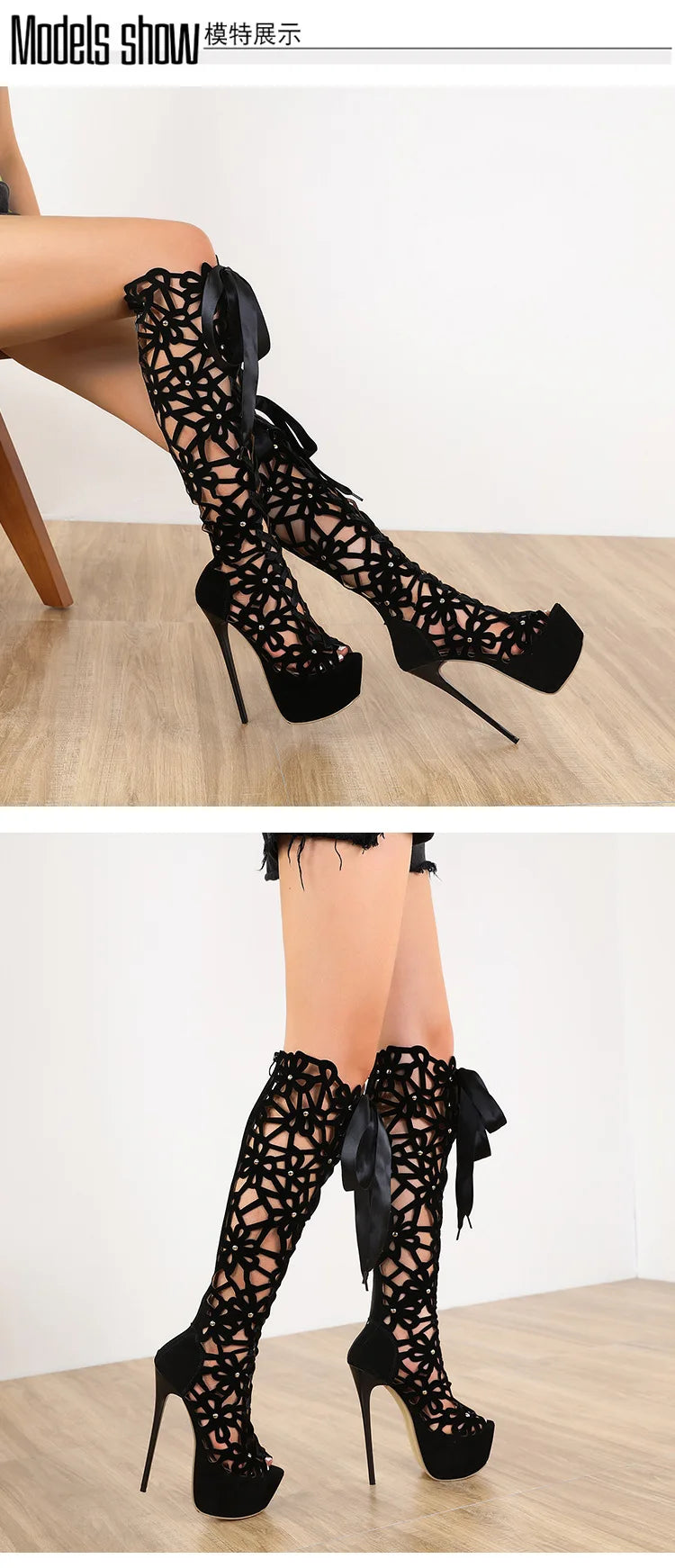 16CM Thin High Heels Sexy Nightclub Hollow Out Over The Knee Boots Women Peep Toe Lace-Up Zip Platform Shoes Sandals