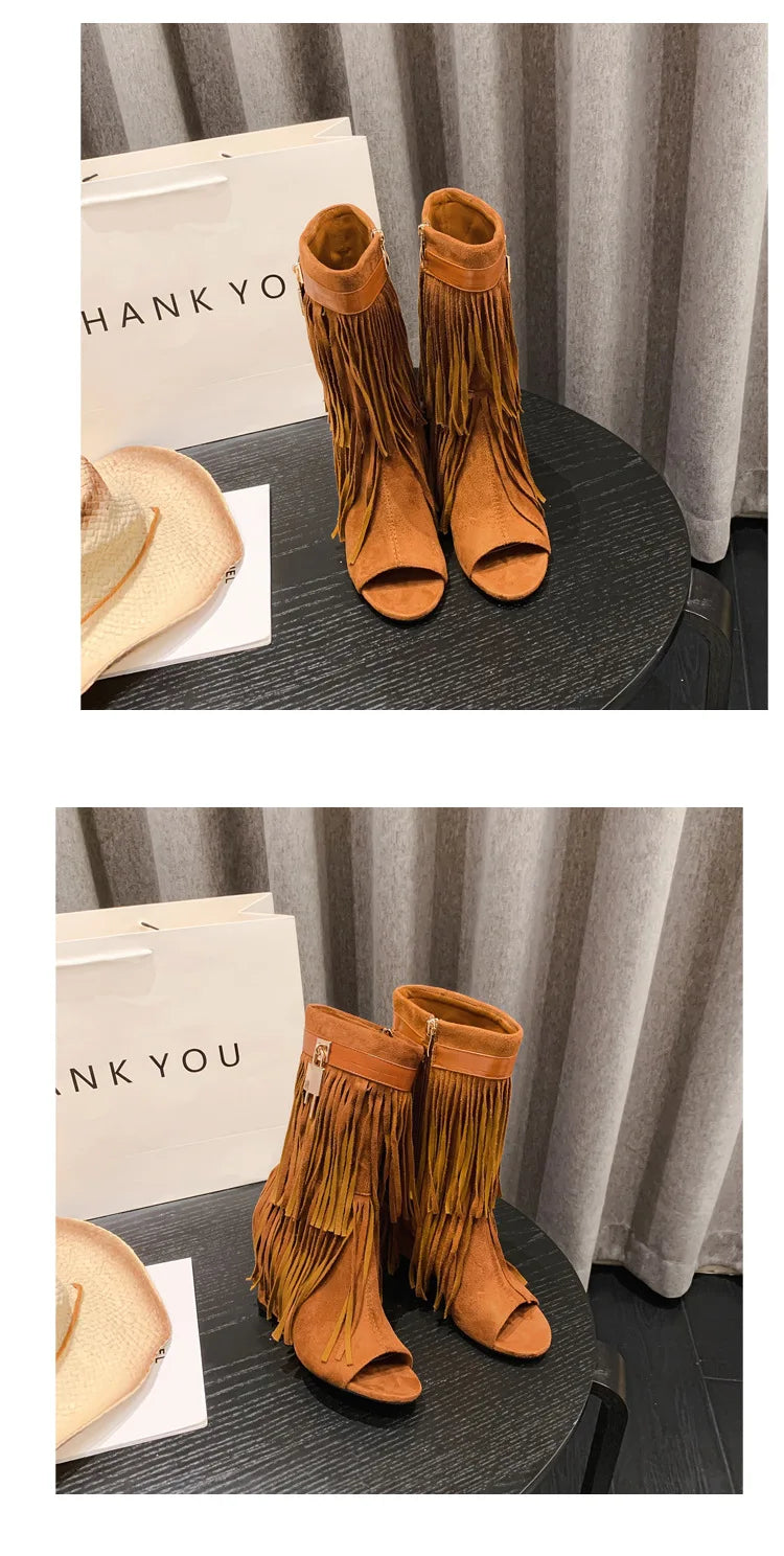 Designer Fringe Wedges Boot Sandals Woman High Heels Open Toe Party Prom Shoes 2025 Sexy Zipper Female Pumps Women Boots