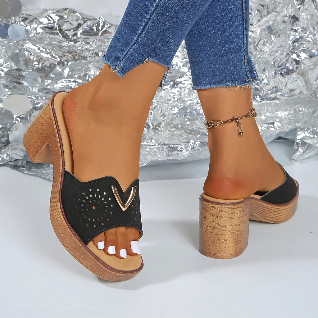 Retro Pu Leather High Heels Slippers for Women 2025 Summer Thick Bottom Platform Sandals Woman Lightweight Thick Heeled Shoes