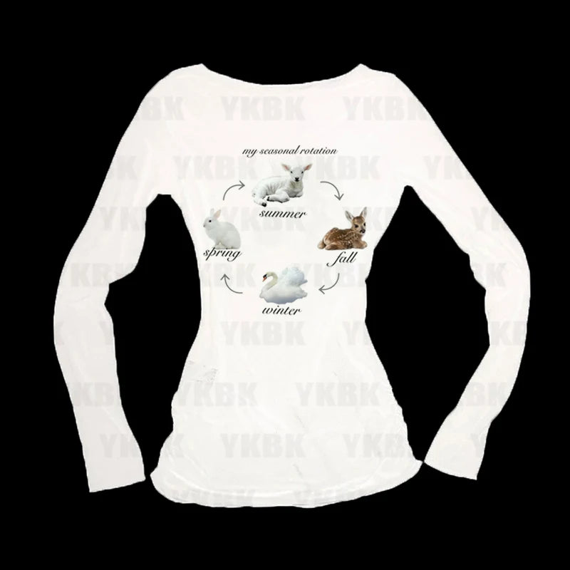 Print Long Sleeve Tank Top T Shirt Y2K Casual Animal Women Baby Cute Punk Crop Top Harajuku Fashion Vest Tee 90s Street Outfits