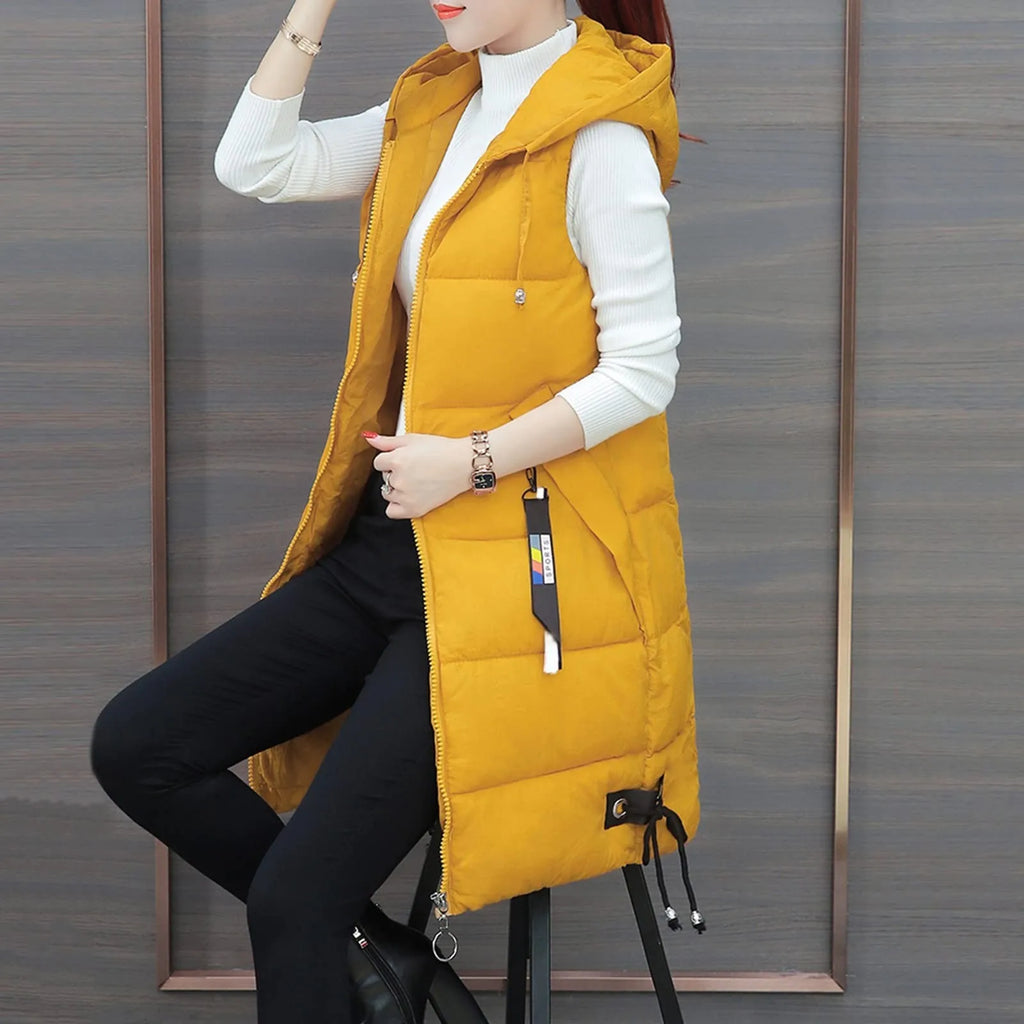 Women'S Autumn And Winter Temperament Sleeveless Cardigan Mid-Length Cotton Vest Vest Coat Abrigos Mujer Invierno Chamarras Muje