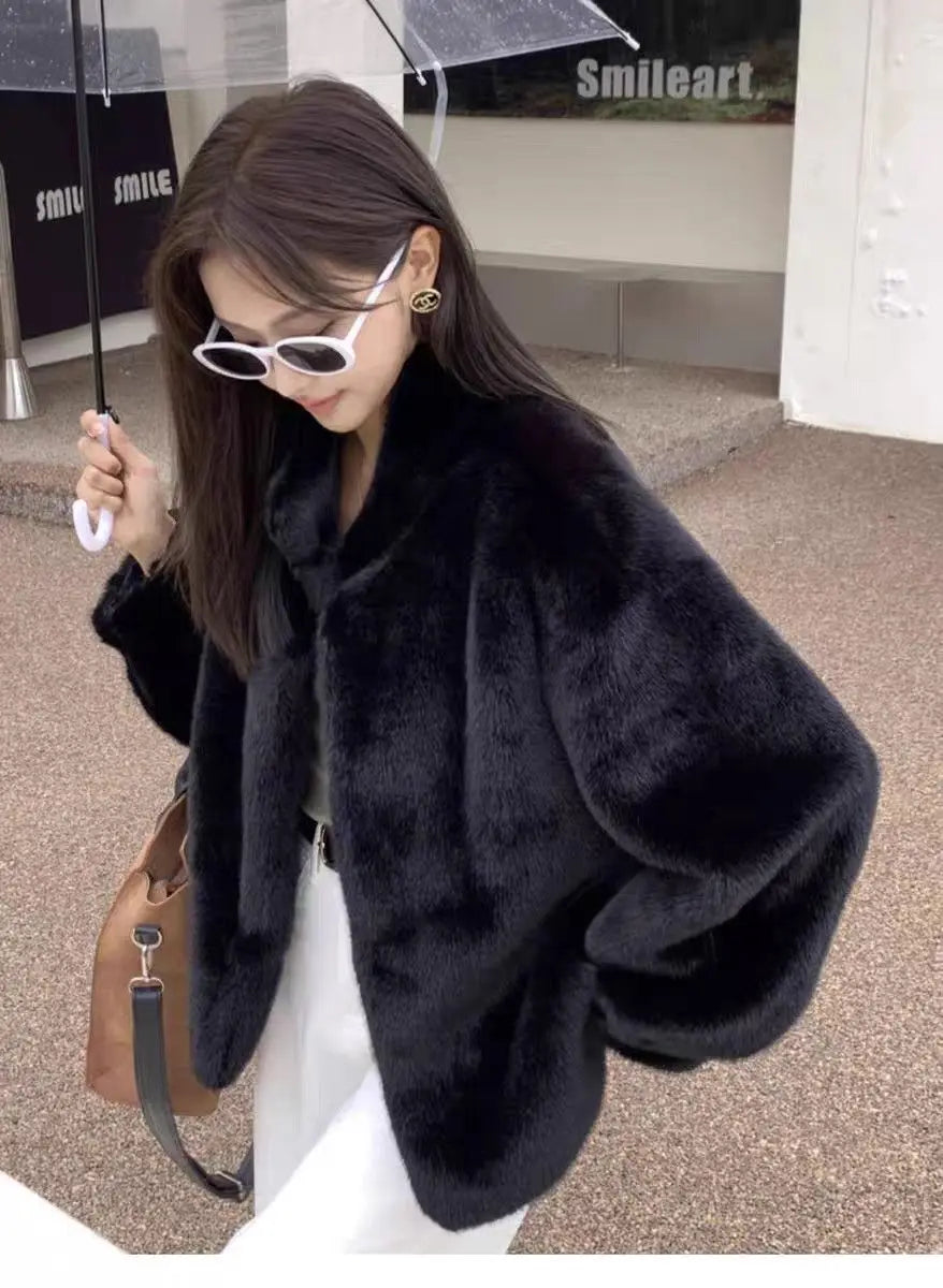 Spring Autumn Lady Short Leather Fur Outwear 2024 Women Fashion Stand Collar Mink Fur Top Female Long Sleeves Fox Jacket
