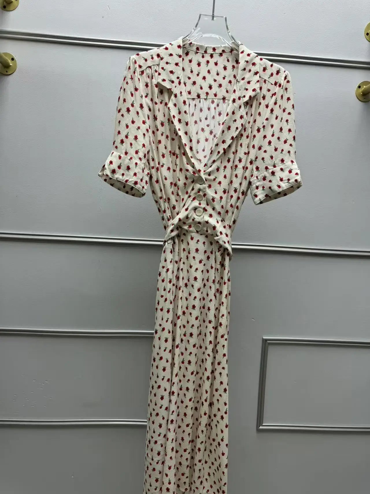 Women's Rose Printed Dress Prairie Chic Spring Summer Lady Short Sleeve Turn-Down Collar Waist Lace-Up Robe