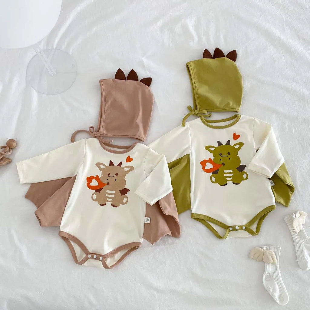 2024 Autumn New Korean Style Infant Onesie: Dragon Print Bodysuit with Hooded Design for Babies, Includes Hat