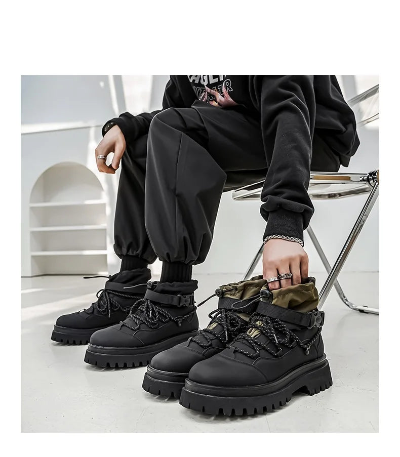 Men Platform Ankle Boots Fashion Personalized Strap Design Shoes Brand High Quality Motorcycle Boots Casual Outdoor Zipper Shoes