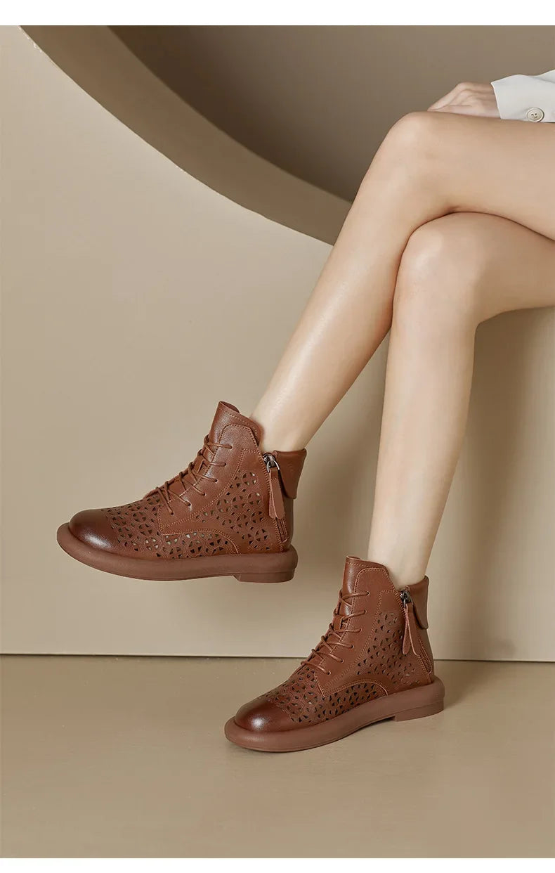 Leather Boots Woman 2025 Retro Leather Hollow Boots for Women Platform-soled Double-side Zipper Casual Short Boots Women's Shoes