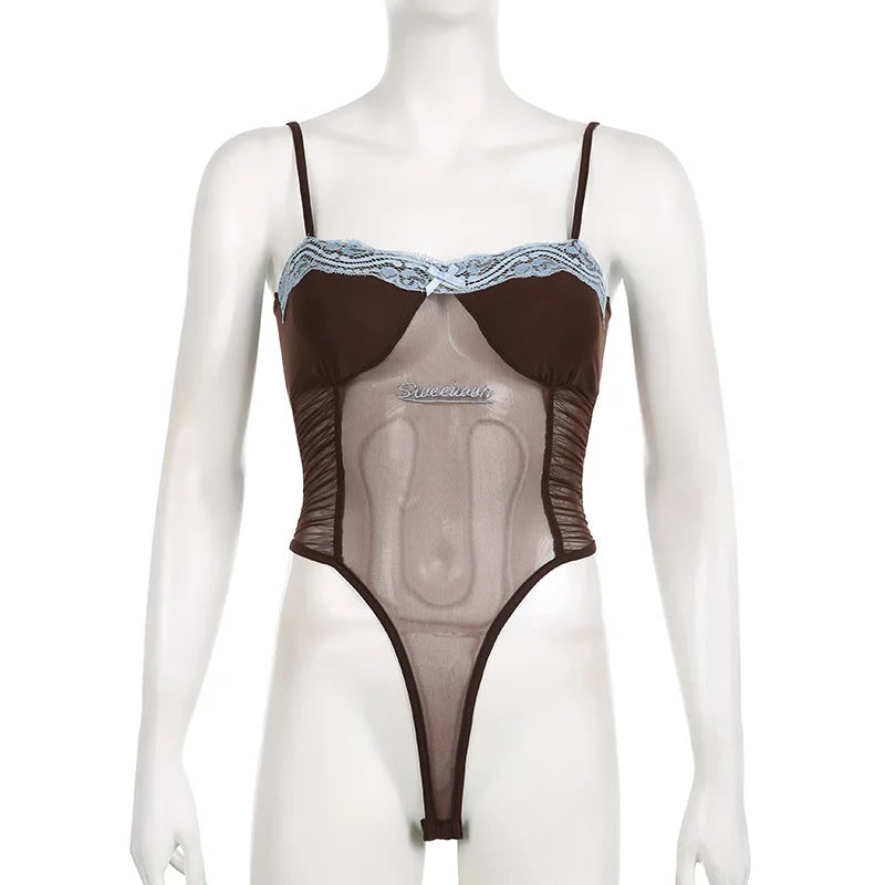 See Through Lingerie Sexy Slim Sleeveless Bodysuit Bow One-Pieces Corset Top Letter Embroidery Bustier Lace Lenceria Femenina