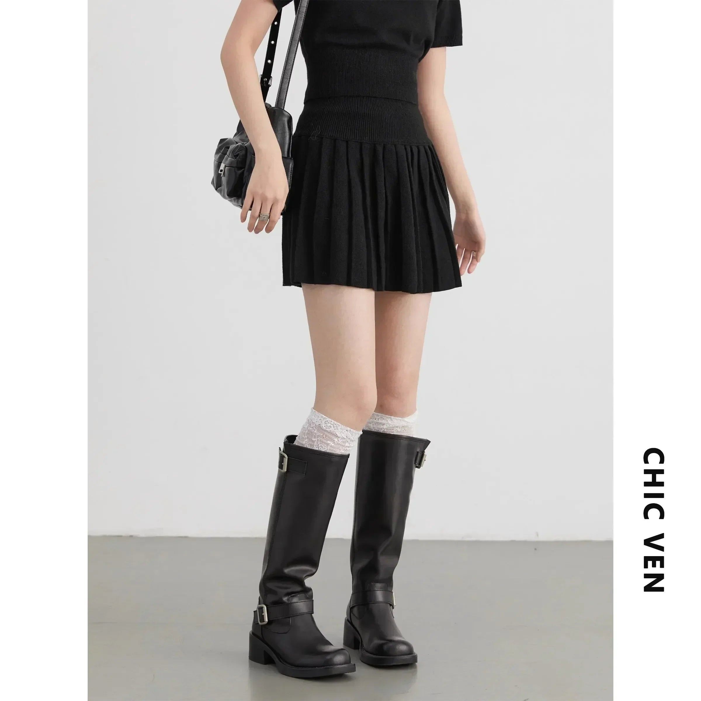 CHIC VEN Women Skirt Sets Solid Knitted Cardigan Short Sleeved Top Female Pleated Skirt Three Piece Optional Spring Autumn 2024