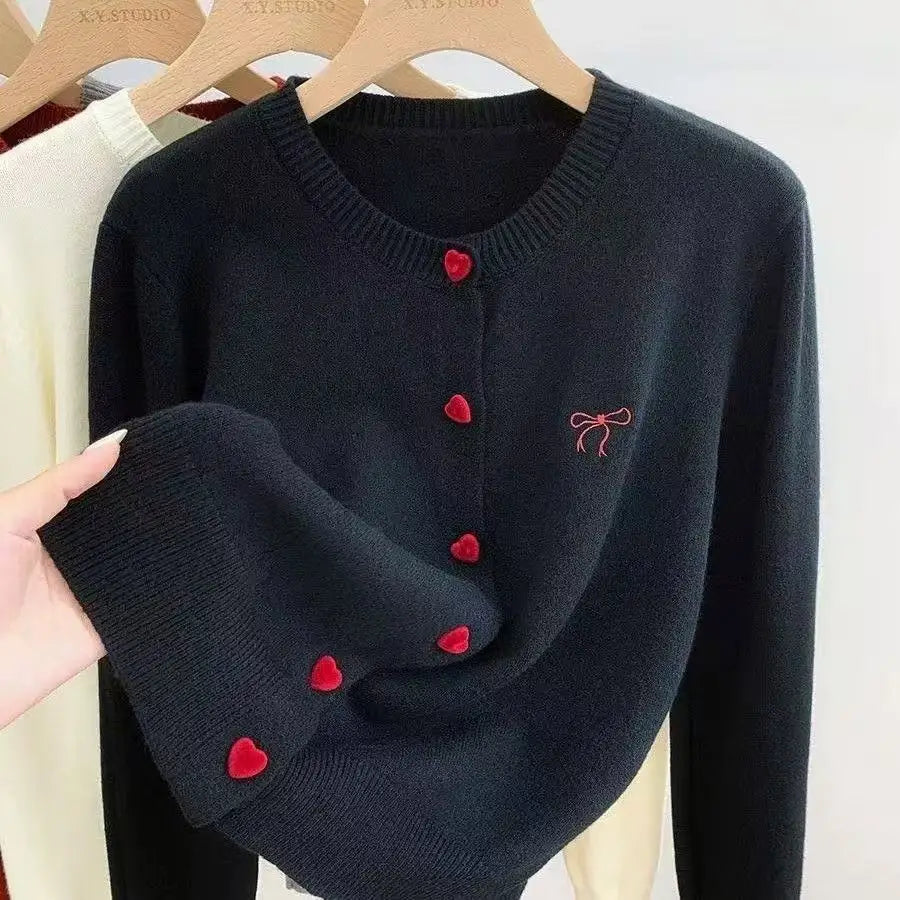 2025 Bow Embroidery O-Neck Single Breasted Heart-shaped Button Sweater Women Knitted Cardigan Korean Casual Solid Knitting Tops