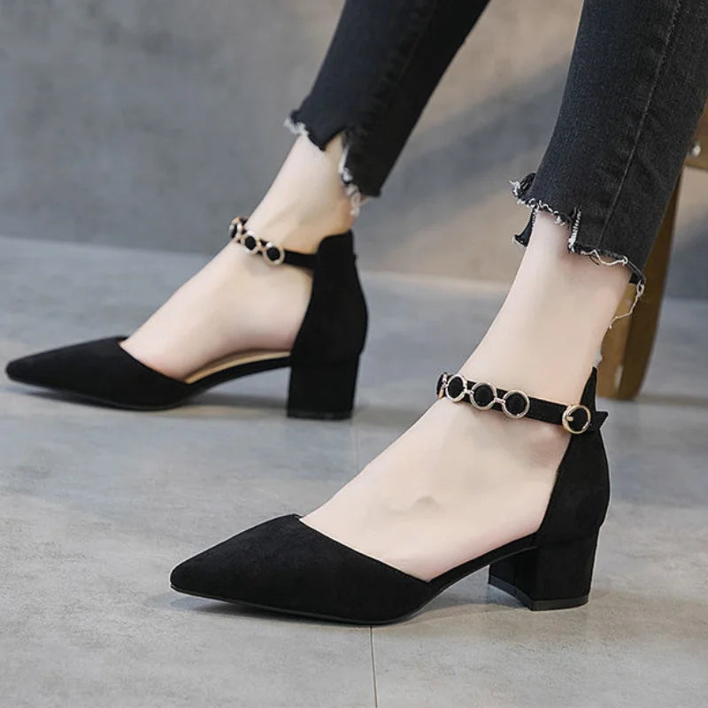 Small Size 31-34 Fashion Closed Toe Sandals Low Heeled Woman Ankle Strap Shoes Pointed Thick Heel Sandalias De Mujer Ladies Shoe