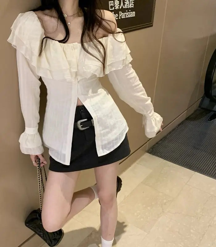 Ruffles Shirts Women Flare Sleeve Simple Fashion Slash Neck Ulzzang Solid Spring All-match Slim Casual Streetwear Cozy Female