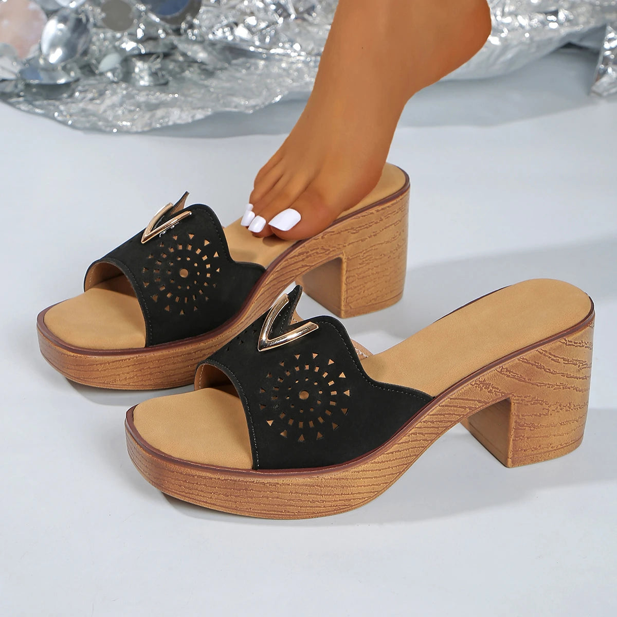 Retro Pu Leather High Heels Slippers for Women 2025 Summer Thick Bottom Platform Sandals Woman Lightweight Thick Heeled Shoes