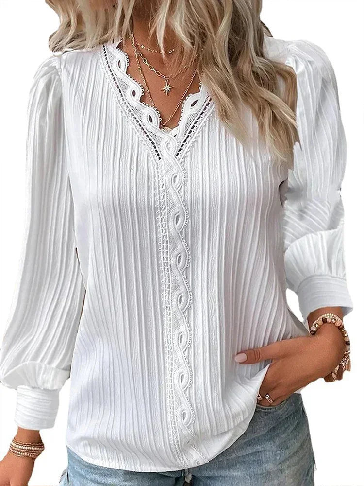 Stitching V-neck Long Sleeve Women's Pullover Chiffon Shirt Lace Stitching Shirt Loose Fall Top Simple Elegant Street Blouse