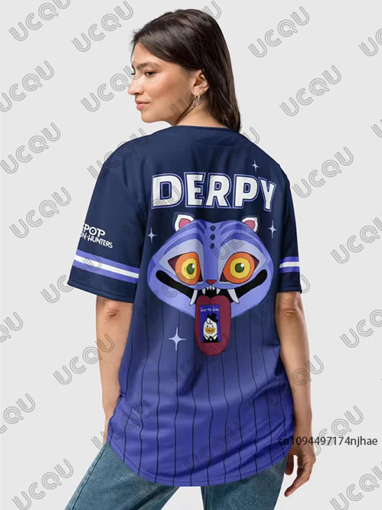 KPop Demon Hunters Derpy Tiger Baseball Jersey Couples For Women Men V-Neck Short Sleeve Shirts Casual Streetwear Button Up Tops