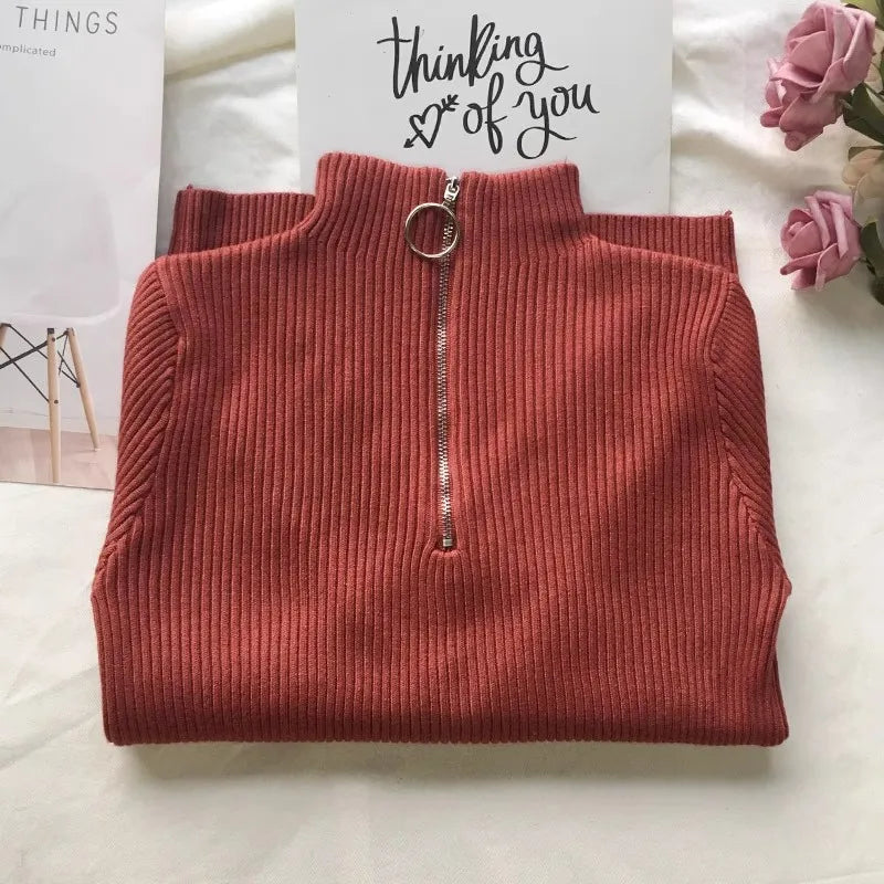 Autumn Winter Turtleneck Women Sweater Long Sleeve Zipper Neckline Knitted Pullover Female Sweater Slim Basic Knitted Jumpers
