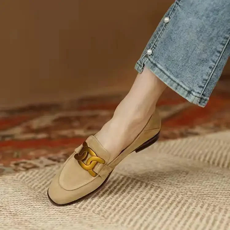 Women's Single Shoes with Heels Pointed Toe Metal Decoration Shallow Women Shoes Square Heel Spring Rubber Sole Zapatos De Mujer