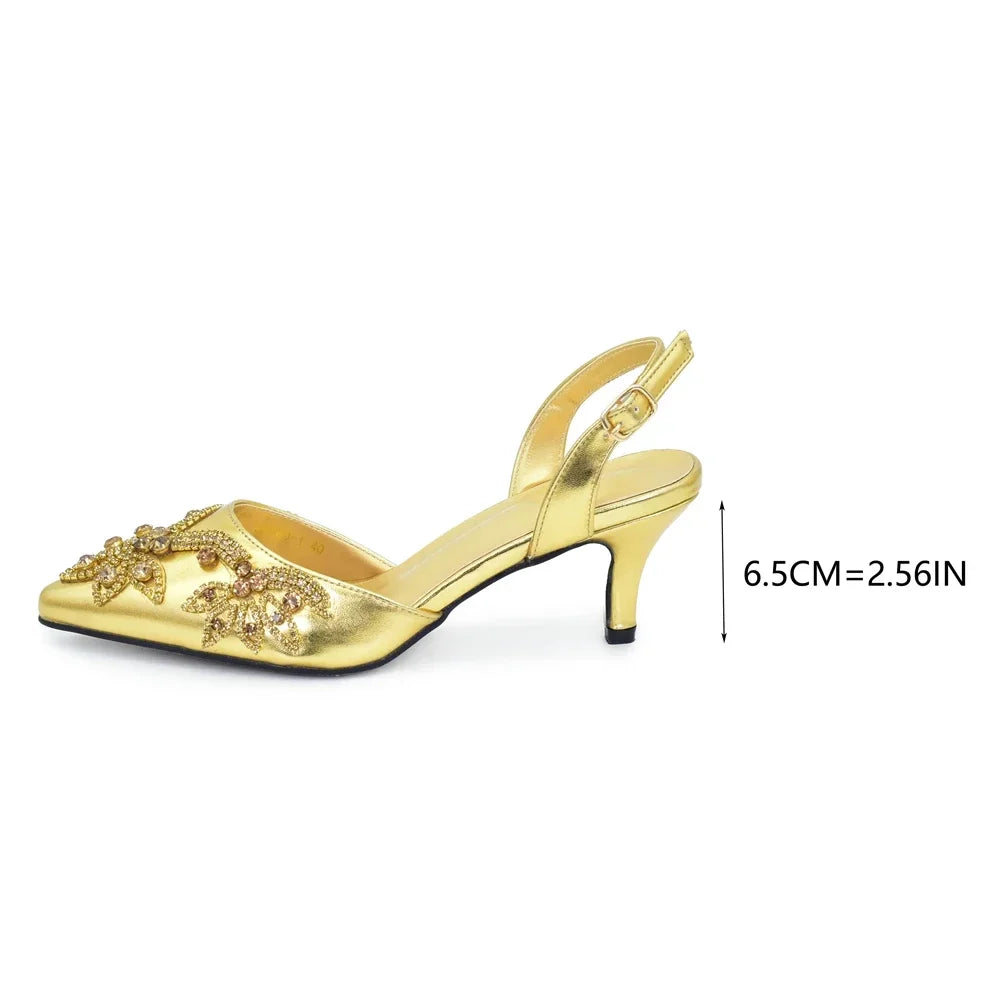 New Arrival Elegant Noble Royal Gold Color Party Wedding Pointed Toe High Heel Women Shoes and Bag Set Decorated with Rhinestone