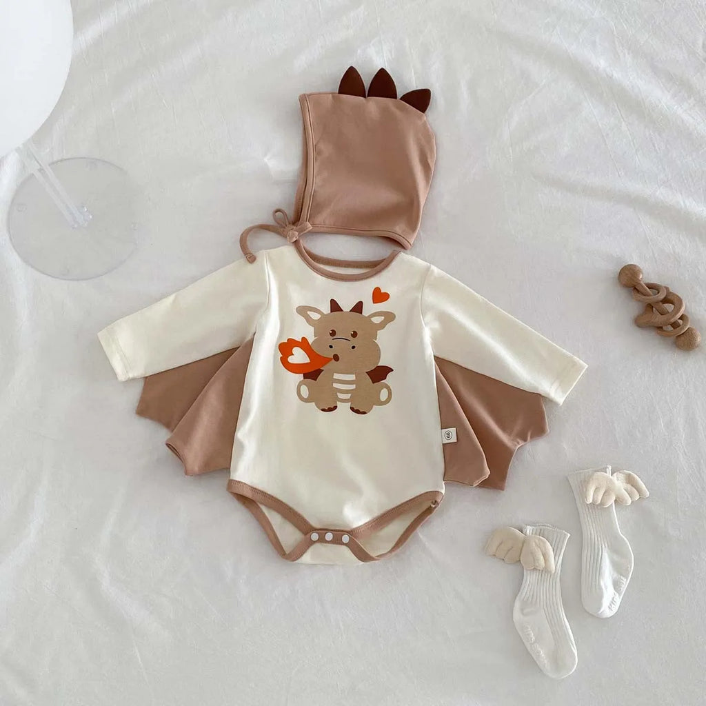 2024 Autumn New Korean Style Infant Onesie: Dragon Print Bodysuit with Hooded Design for Babies, Includes Hat