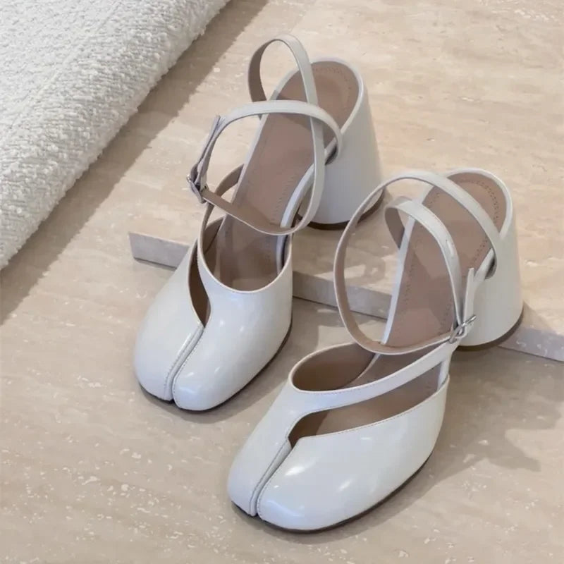 Ins style Fashion Patent Leather Split Toe Women Pumps Spring Summer Thick High heels Slingbacks Female Tabi Chunky Casual Shoes