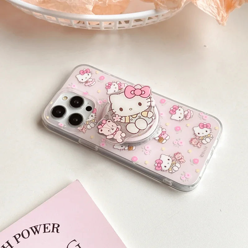 Cute Cartoon Sanrio Hello Kitty Magnetic Holder Magsafe Wireless Charge Phone Case For iPhone 15 14 13 12 11 Pro Max Hard Cover