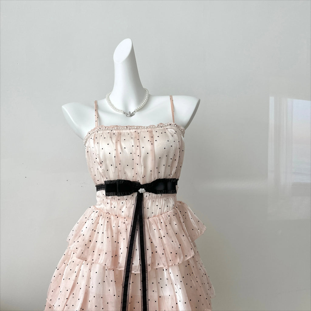 Japanese Elegant Sweet Original Design Evening Dress Women Dot Bow Strapless Pleated Party Dress Princess Casual Cute Clothing