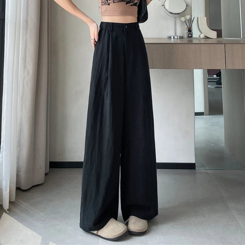 2025 Summer New Cotton and Linen Women's Wide Leg Pants Solid Ice Silk High Waist Straight Casual Loose Suit Trousers Female