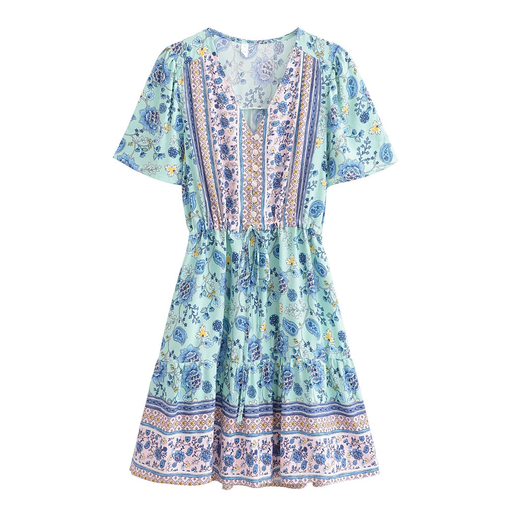 Boho Queens Women Wild Floral Print Deep V-neck Summer Bohemian Mini Dresses Robe Lady Short Sleeve Beach Boho Dress Vestidos