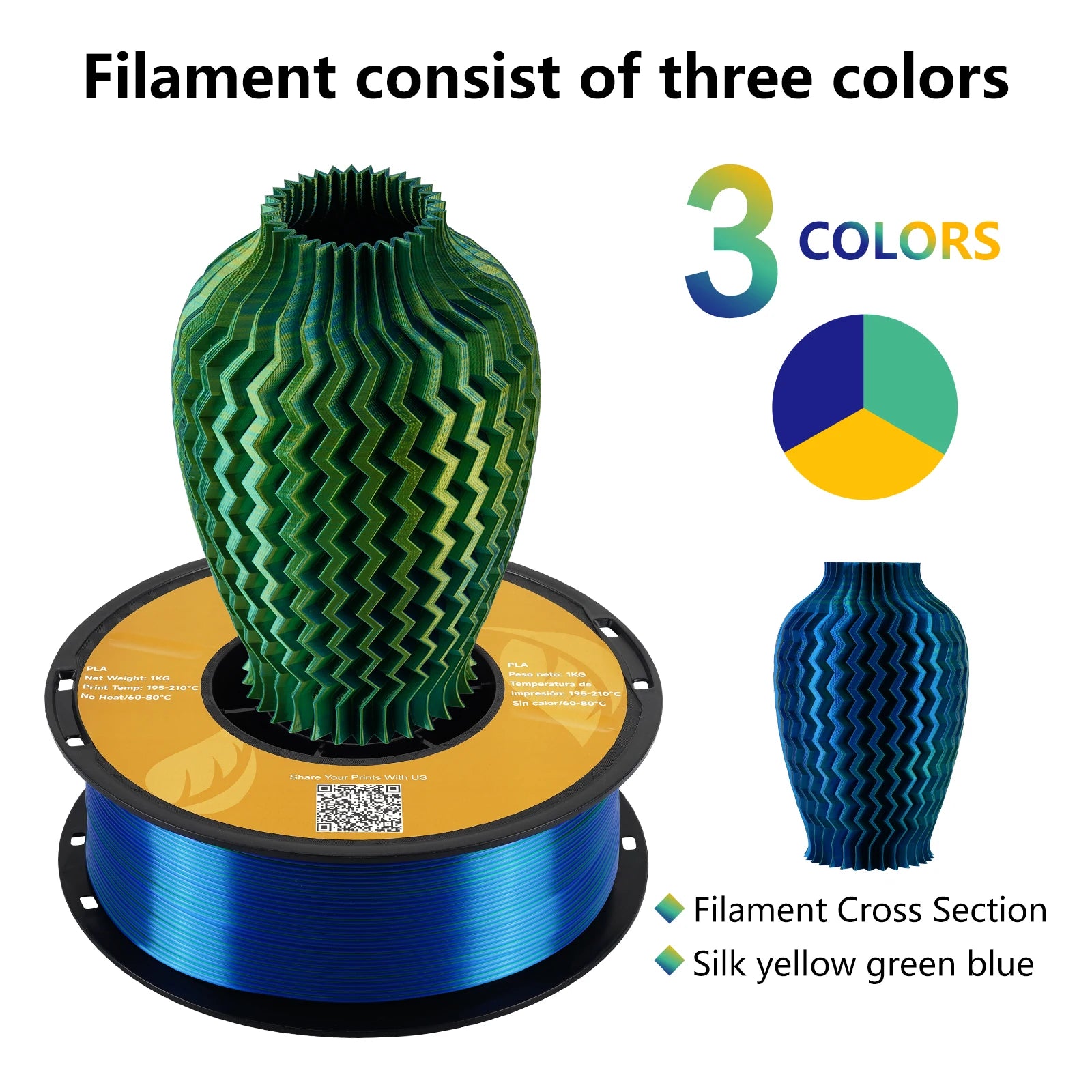 KINGROON Silk Tricolor PLA Filament 3D Printer 1.75mm 2.2 /8.8 lbs Silk PLA Filament Plastic Materials 3D Printing Special Color